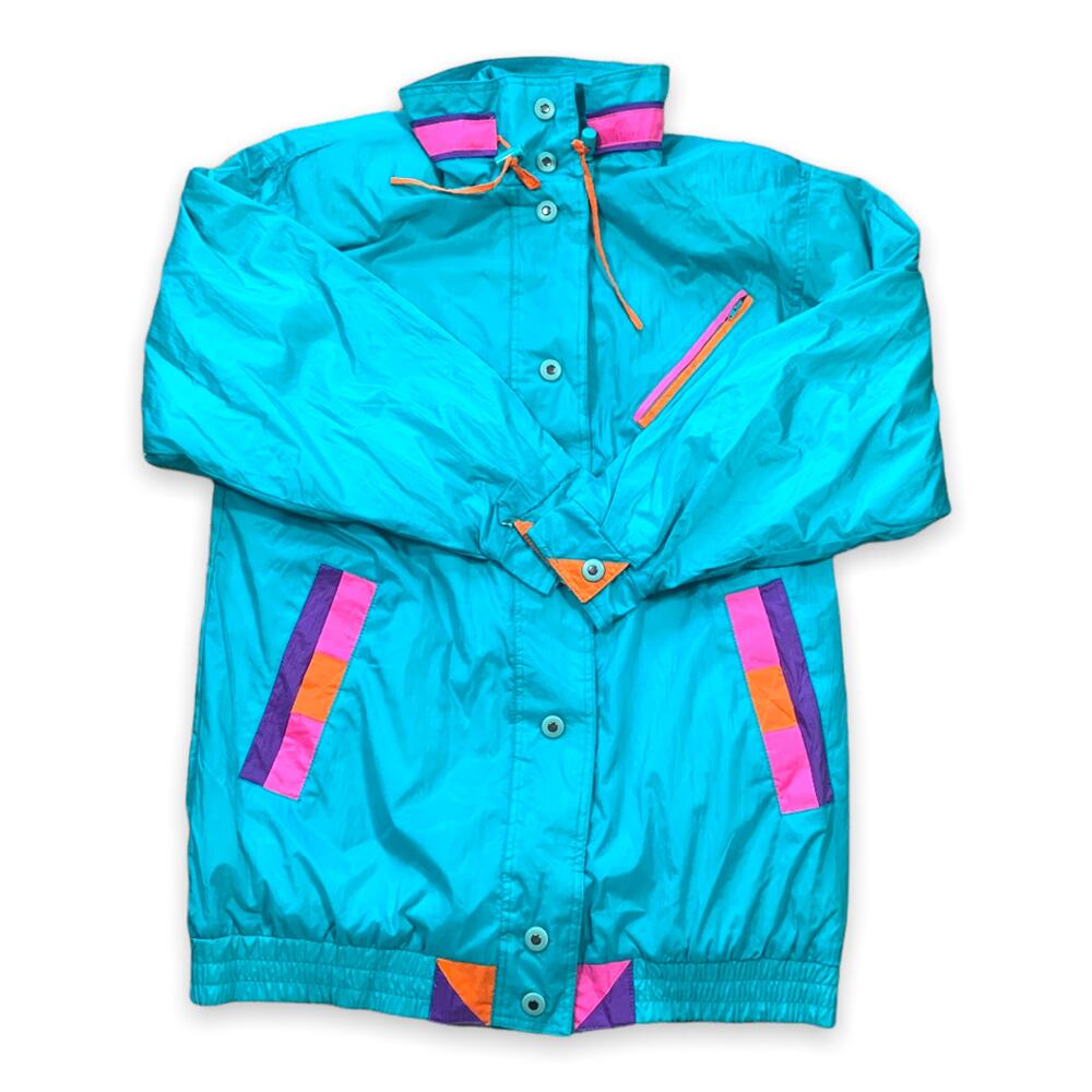 Vintage 80s Turquoise Colorblock Windbreaker Jacket Retro Ski Style Unisex